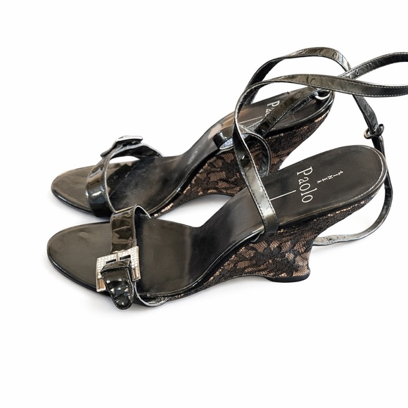 Paolo Shoes - Linea Paolo Black Patent Lace Wedge Sandals Rhinestone Buckle Size 11
